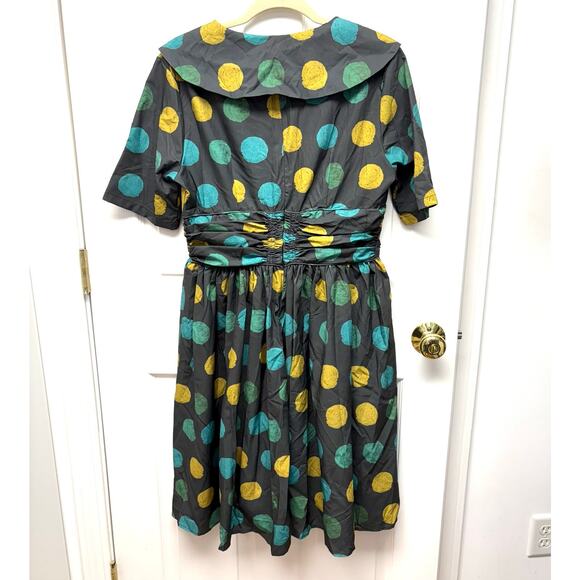 Zapaka 50s Style Dress, Fit and Flare, Gray, Blue and Green Polka Dots, Size L - Picture 5 of 9